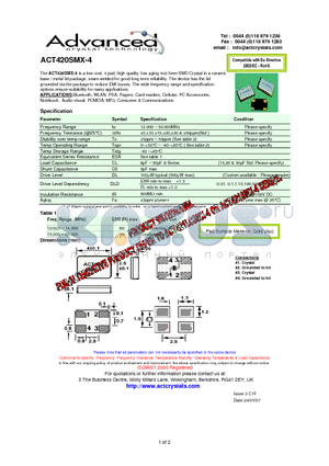 ACT420SMX-4 datasheet - 4 pad, high quality, low aging 4x2.5mm SMD Crystal