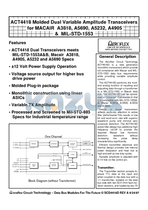 ACT4418 datasheet - ACT4418 Molded Dual Variable Amplitude Transceivers for MACAIR A3818, A5690, A5232, A4905 & MIL-STD-1553