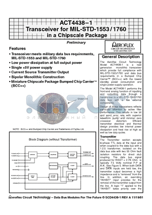 ACT4438 datasheet - ACT4438-1 Transceiver for MIL-STD-1553 / 1760 in a Chipscale Package