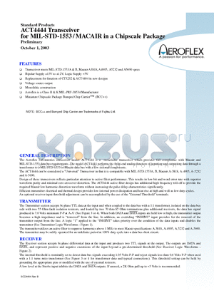 ACT4444 datasheet - Transceiver for MIL-STD-1553 /MACAIR in a Chipscale Package