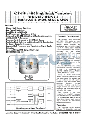 ACT4454 datasheet - ACT 4454 / 4460 Single Supply Transceivers for MIL-STD-1553A/B & MacAir A3818, A4905, A5232 & A5690