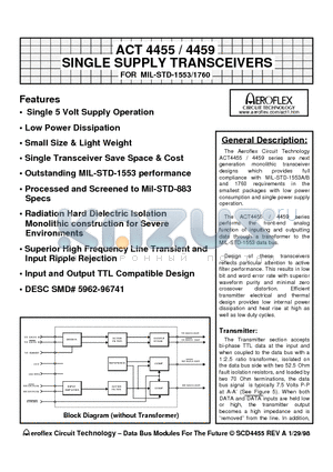 ACT4459 datasheet - ACT 4455 / 4459 SINGLE SUPPLY TRANSCEIVERS FOR MIL-STD-1553/1760