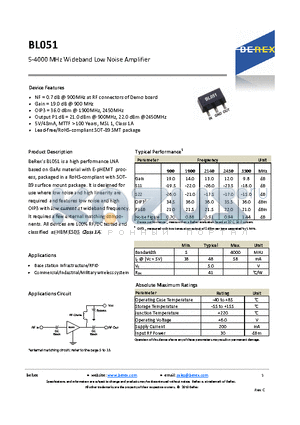 BL051 datasheet - 5-4000 MHz Wideband Low Noise Amplifier