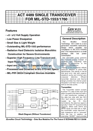 ACT4489-I datasheet - ACT 4489 SINGLE TRANSCEIVER FOR MIL-STD-1553/1760