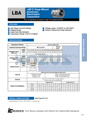 827LBA250M2EE datasheet - 85`C Snap-Mount Aluminum Electrolytic Capacitors