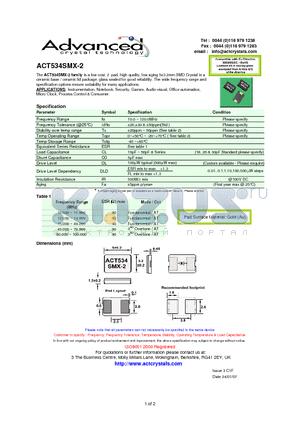 ACT534SMX-2 datasheet - low aging 5x3.2mm SMD Crystal