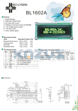 BL1602A datasheet - OLED Display COB with metal frame