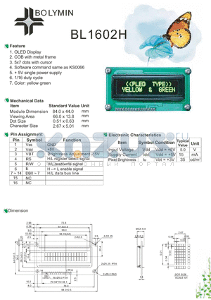 BL1602H datasheet - OLED Display COB with metal frame