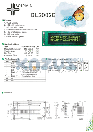 BL2002B datasheet - OLED Display COB with metal frame