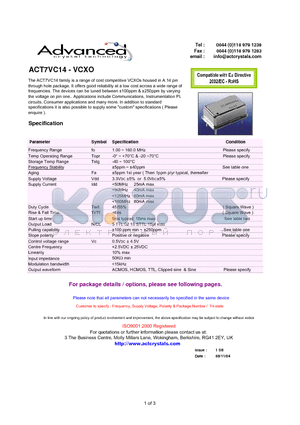 ACT7VC14 datasheet - a range of cost competitive VCXOs