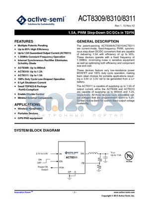 ACT8309NHADJ-T datasheet - 1.5A, PWM Step-Down DC/DCs in TDFN