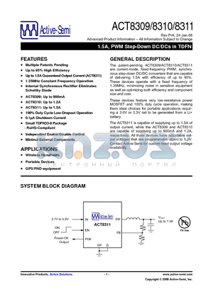 ACT8309NHADJ-T datasheet - 1.5A, PWM Step-Down DC/DCs in TDFN