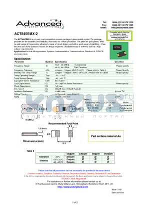 ACT845SMX-2 datasheet - 2 pad, cost competitive ceramic packaged, glass sealed crystal.