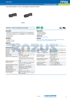 FPG5 datasheet - Shock-Safe Fuseholder, 5 x 20 mm, Slot/Fingergrip, horizontal, IEC 60335-1