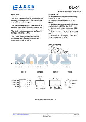 BL431 datasheet - Adjustable shunt regulator