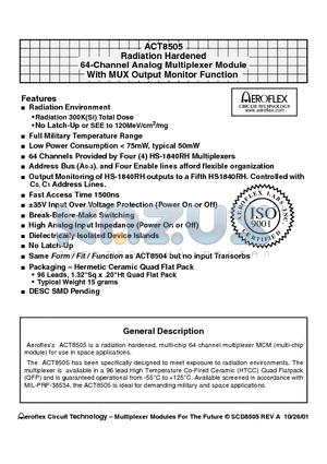 ACT8505-I datasheet - ACT8505 Radiation Hardened 64-Channel Analog Multiplexer Module With MUX Output Monitor Function