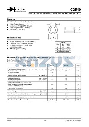 C2540 datasheet - 40A GLASS PASSIVATED AVALANCHE RECTIFIER CELL