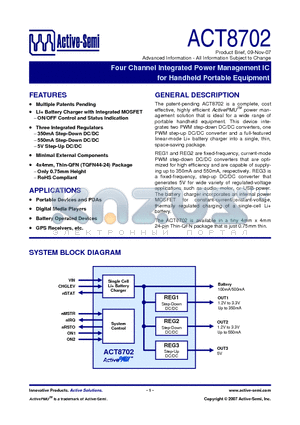 ACT8702 datasheet - Four Channel Integrated Power Management IC for Handheld Portable Equipment