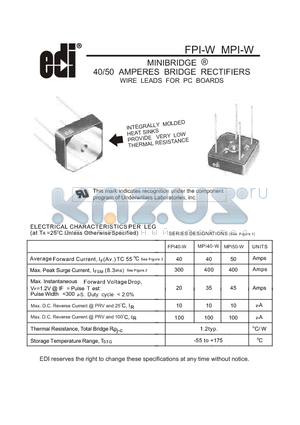 FPI4020W datasheet - 40/50 AMPERES BRIDGE RECTIFIERS WIRE LEADS FOR PC BOARDS