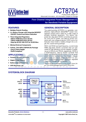 ACT8704 datasheet - Four Channel Integrated Power Management IC for Handheld Portable Equipment