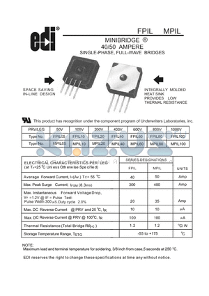 FPIL10 datasheet - 40/50 AMPERE SINGLE-PHASE, FULL-WAVE BRIDGES