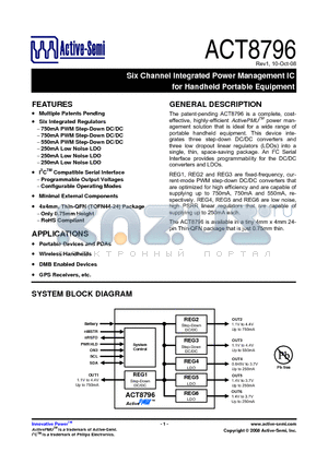 ACT8796 datasheet - Six Channel Integrated Power Management IC for Handheld Portable Equipment