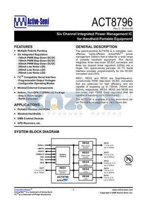 ACT8796QLGHW-T datasheet - Six Channel Integrated Power Management IC for Handheld Portable Equipment