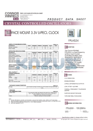 FPLA524-155.52M datasheet - SURFACE MOUNT 3.3V LVPECL CLOCK