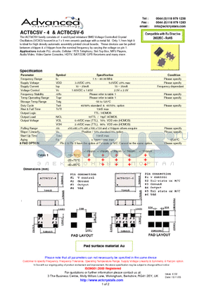ACT8CSV-6 datasheet - 4 and 6 pad miniature SMD Voltage Controlled Crystal Oscillators
