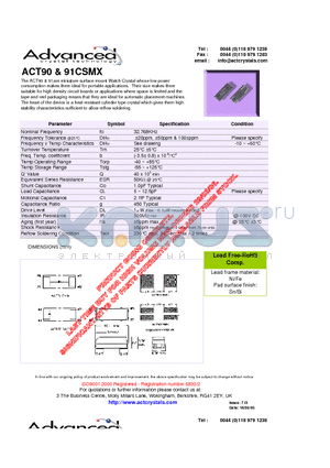 ACT91CSMX datasheet - miniature surface mount Watch Crystal