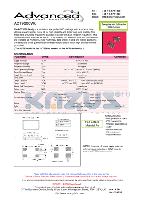 ACT9200WC datasheet - miniature, low profile SMD Microprocessor clock