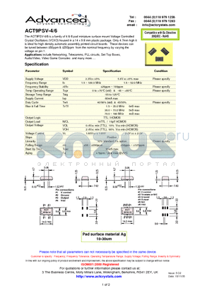 ACT9PSV-6 datasheet - 4 & 6 pad miniature surface mount Voltage Controlled Crystal Oscillators