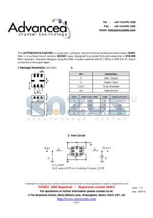 ACTF0016/916.5/QCC8C datasheet - low-loss, compact, and economical surface-acoustic-wave (SAW)