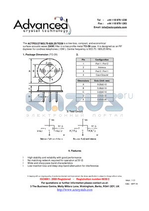 ACTF03-27 datasheet - low-loss, compact, and economical surface-acoustic-wave (SAW) filter