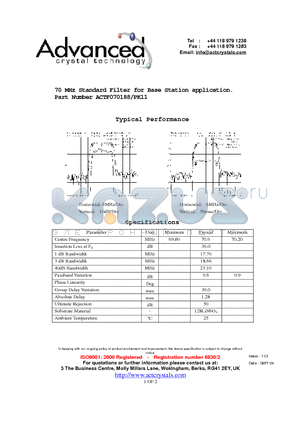 ACTF070188-PK11 datasheet - 70 MHz Standard Filter for Base Station application.