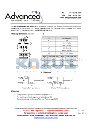 ACTF1459 datasheet - low-loss, compact and economical surface-acoustic-wave (SAW) filter