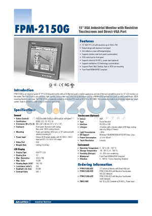 FPM-2150G-UCE datasheet - 15 XGA Industrial Monitor with Resistive Touchscreen and Direct-VGA Port