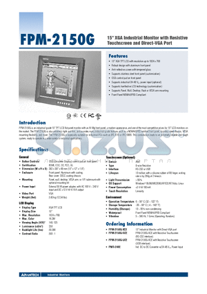 FPM-2150G-XCE datasheet - 15 XGA Industrial Monitor with Resistive Touchscreen and Direct-VGA Port