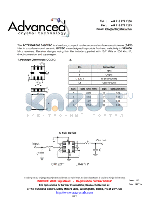 ACTF3004 datasheet - low-loss, compact, and economical surface-acoustic-wave (SAW) filter