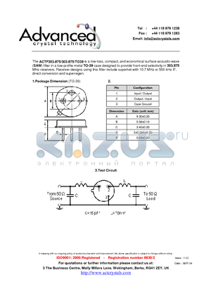 ACTF303.875/303.875/TO39 datasheet - low-loss, compact, and economical surface-acoustic-wave filter