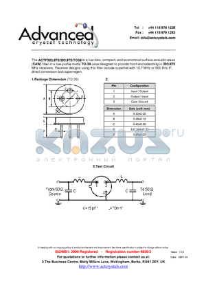 ACTF303875 datasheet - low-loss, compact, and economical surface-acoustic-wave filter