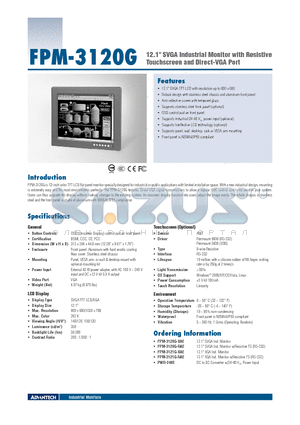 FPM-3120G datasheet - 12.1 SVGA Industrial Monitor with Resistive Touchscreen and Direct-VGA Port
