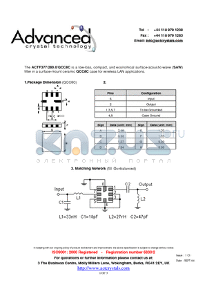 ACTF377/280.0/QCC8C datasheet - low-loss, compact, and economical surface-acoustic-wave (SAW) filter