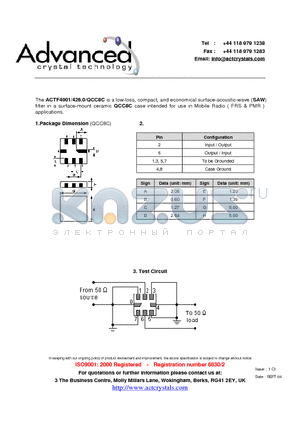 ACTF4001 datasheet - low-loss, compact, and economical surface-acoustic-wave (SAW) filter