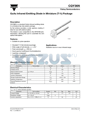 CQY36N datasheet - GaAs Infrared Emitting Diode in Miniature (T-3/4) Package