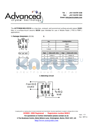 ACTF4008/465.0/DCC6 datasheet - low-loss, compact, and economical surface-acoustic-wave (SAW) filter