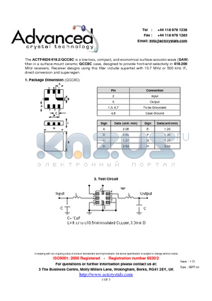 ACTF4024/419.2/QCC8C datasheet - low-loss, compact, and economical surface-acoustic-wave (SAW) filter