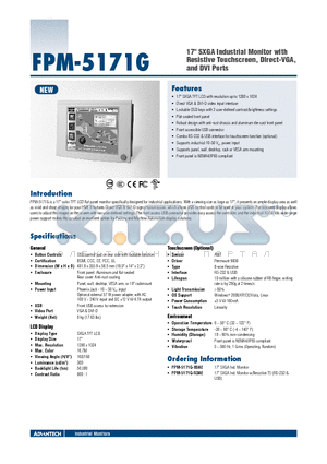 FPM-5171G datasheet - 17 SXGA Industrial Monitor with Resistive Touchscreen, Direct-VGA, and DVI Ports