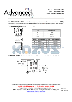 ACTF4032/450.0/DCC6 datasheet - low-loss, compact, and economical surface-acoustic-wave (SAW)