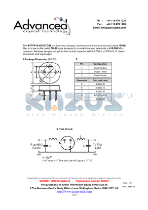 ACTF418 datasheet - low-loss, compact, and economical surface-acoustic-wave (SAW) filter